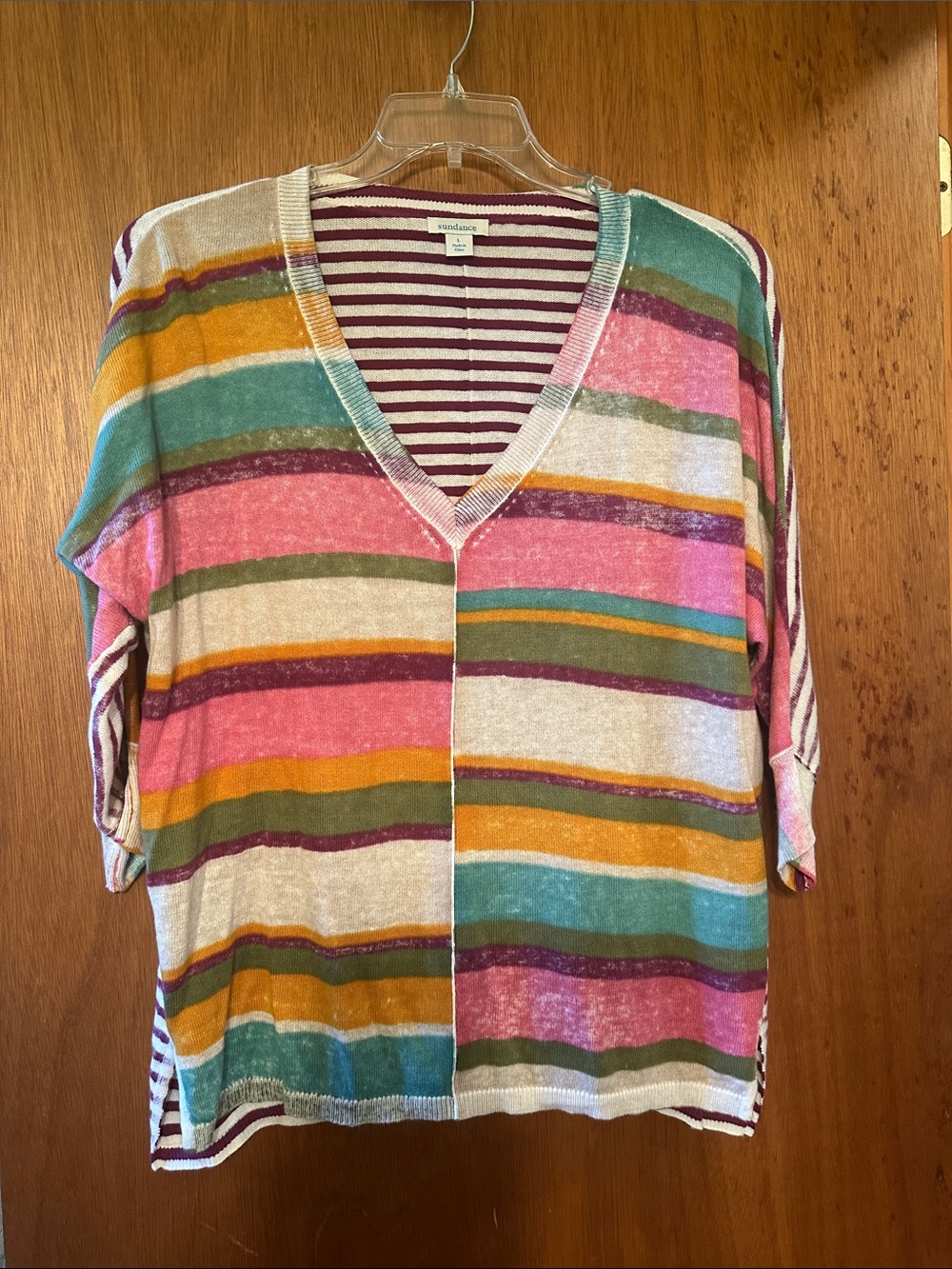 Sundance Striped V-Neck Pullover in Pink, Teal, Mustard & Olive